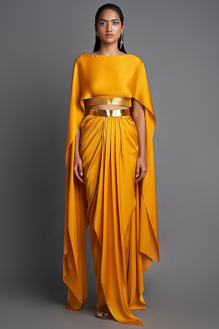 Mustard Draped Skirt Set by Amit Aggarwal at Pernia's Pop Up Shop