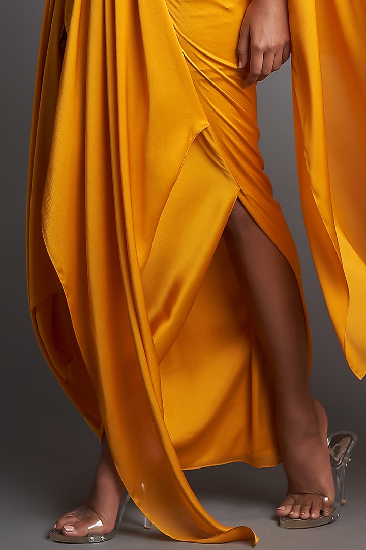 Mustard Draped Skirt Set by Amit Aggarwal at Pernia's Pop Up Shop