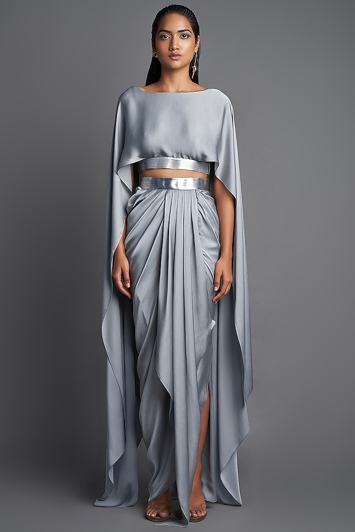 Ice Grey Draped Skirt Set by Amit Aggarwal at Pernia's Pop Up Shop
