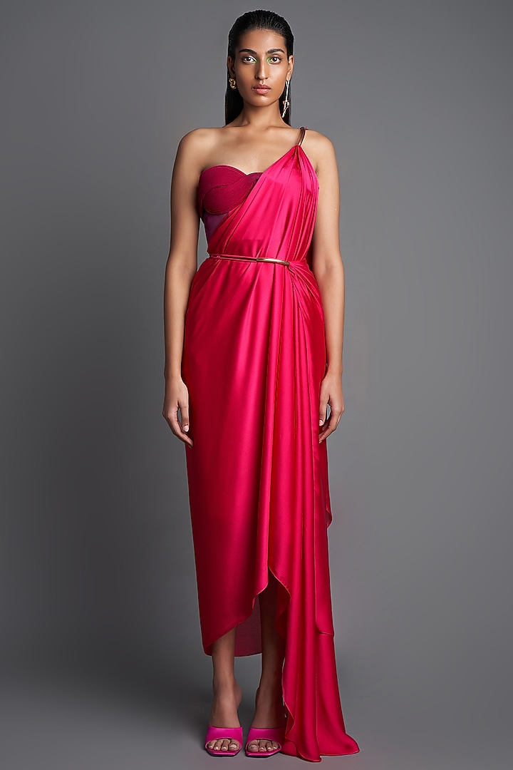 Pink Chiffon Draped Wedding Saree Set by Amit Aggarwal at Pernia's Pop Up Shop