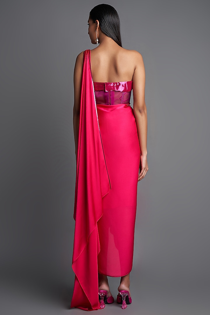 Pink Chiffon Draped Wedding Saree Set by Amit Aggarwal at Pernia's Pop Up Shop
