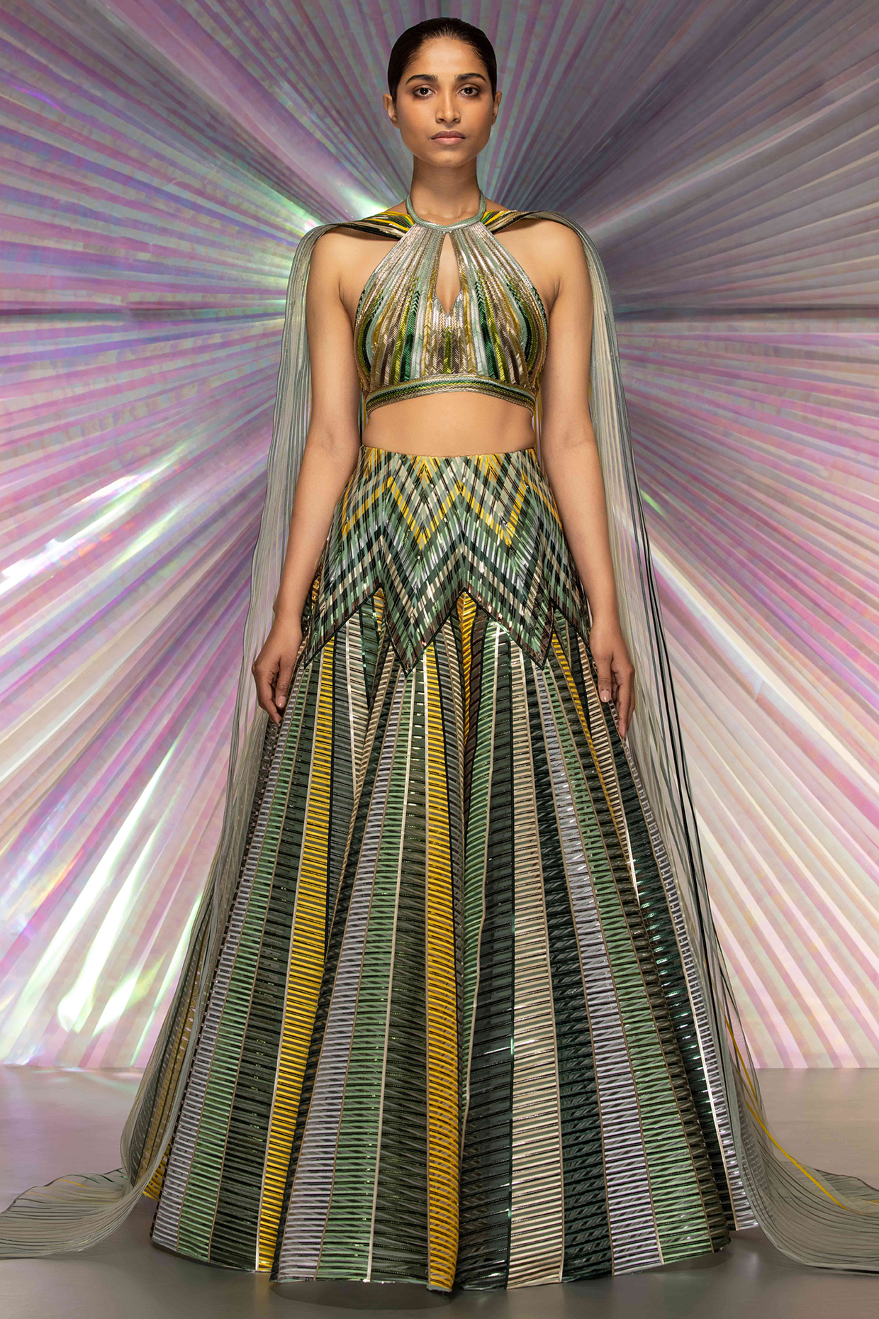 Green Metallic Lehenga Set by Amit Aggarwal