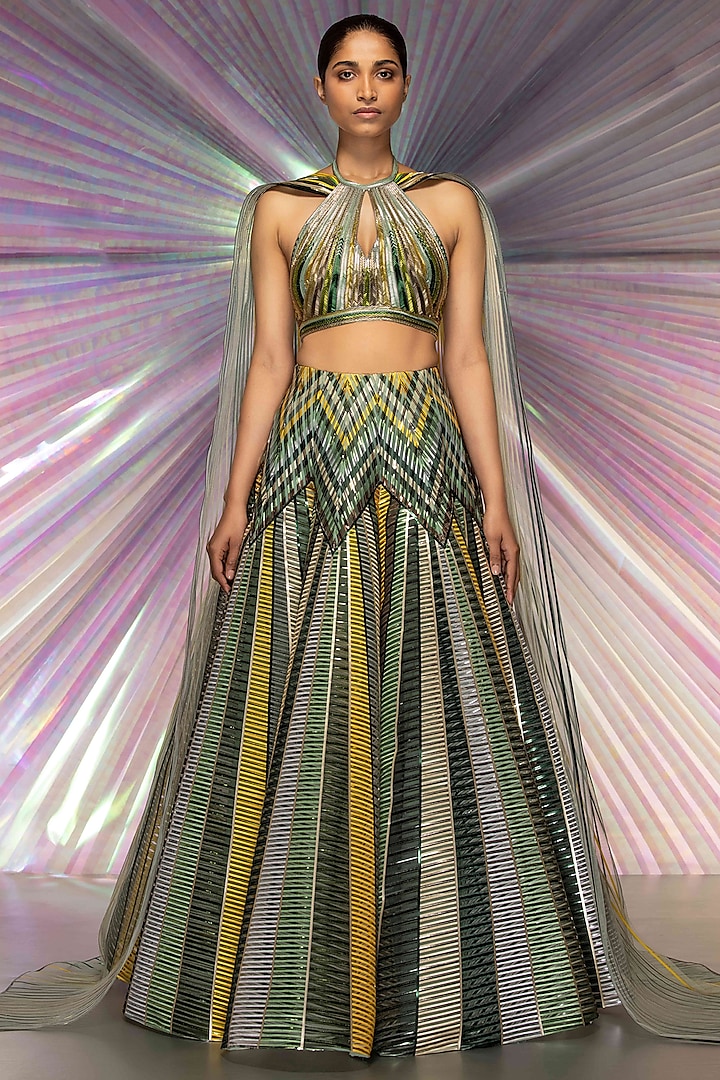 Green Metallic Lehenga Set by Amit Aggarwal