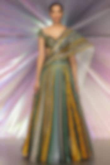 Green Striped Plisse Bridal Lehenga Set by Amit Aggarwal at Pernia's Pop Up Shop