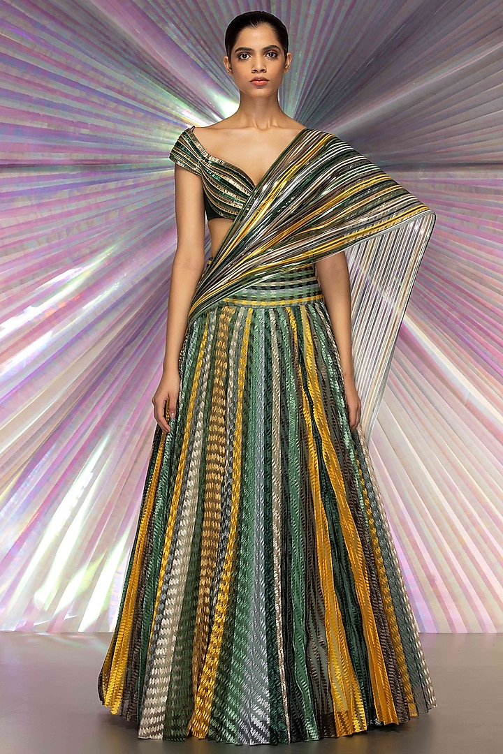 Green Striped Plisse Bridal Lehenga Set by Amit Aggarwal at Pernia's Pop Up Shop