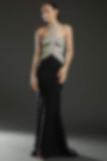 Black & Ivory Chiffon Halter Party Wear Dress by Amit Aggarwal at Pernia's Pop Up Shop