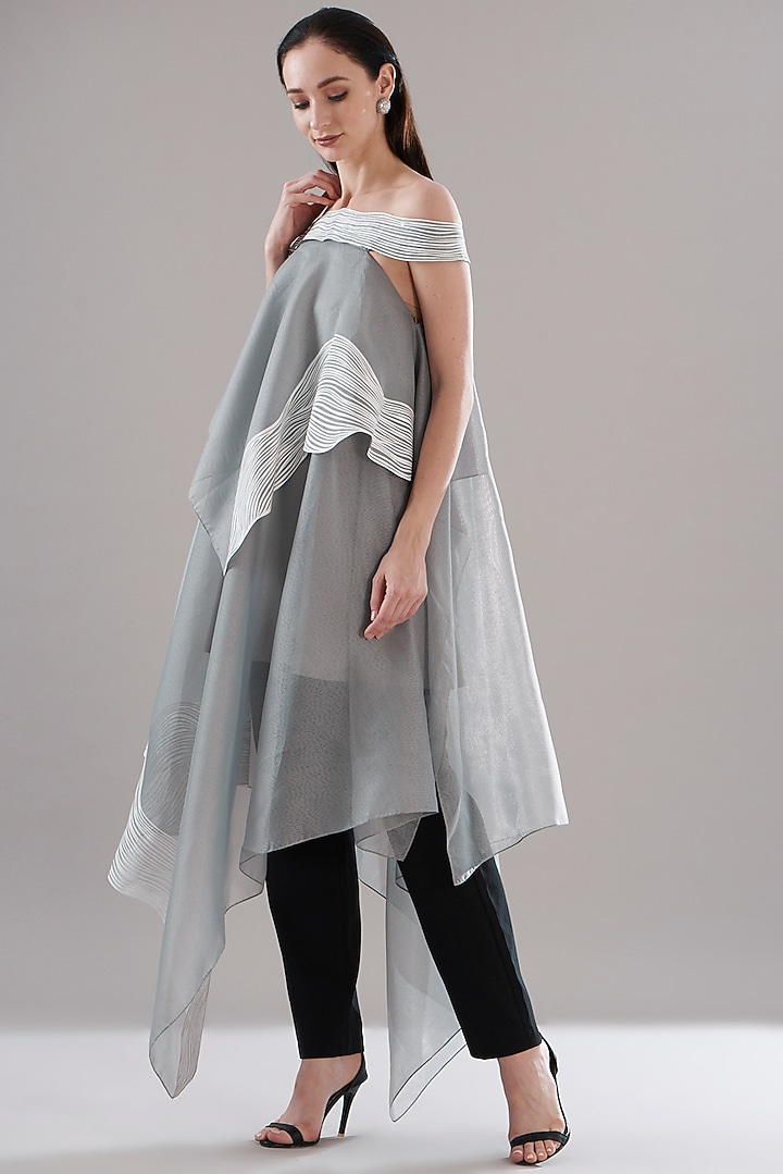 Grey Organza Off-Shoulder Tunic by Amit Aggarwal at Pernia's Pop Up Shop