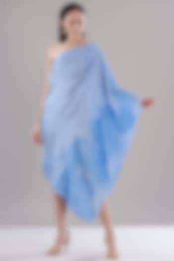 Blue Hammered Satin Asymmetrical Tunic by Amit Aggarwal at Pernia's Pop Up Shop