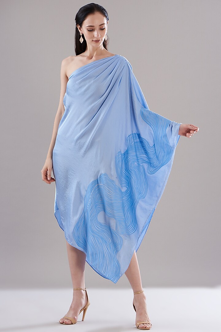 Blue Hammered Satin Asymmetrical Tunic by Amit Aggarwal at Pernia's Pop Up Shop