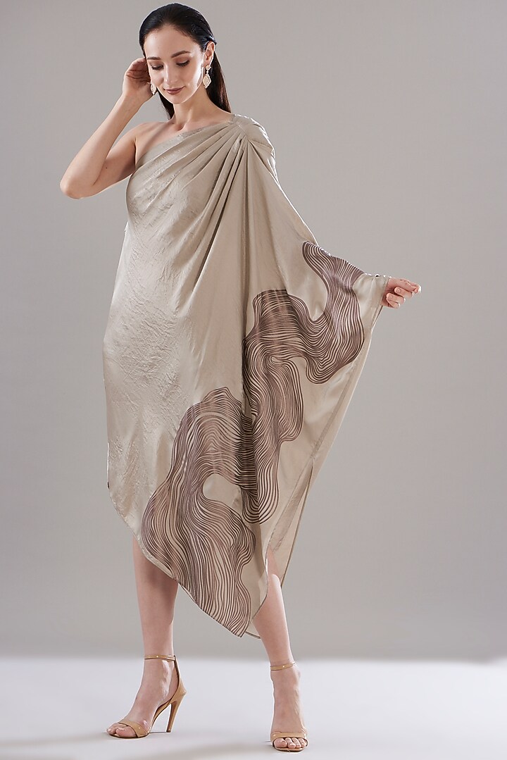 Beige Hammered Satin Asymmetrical Tunic by Amit Aggarwal at Pernia's Pop Up Shop