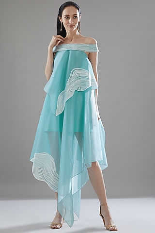 Aqua Blue Organza Off-Shoulder Tunic by Amit Aggarwal