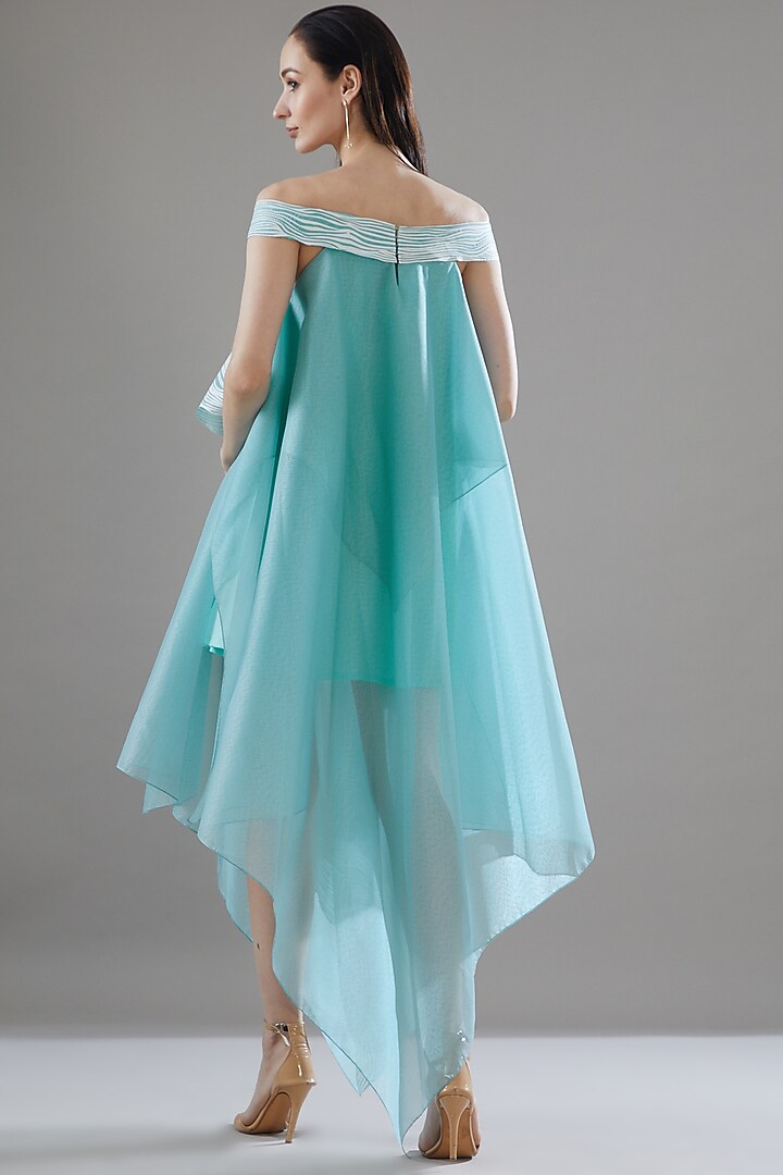 Aqua Blue Organza Off-Shoulder Tunic by Amit Aggarwal at Pernia's Pop Up Shop