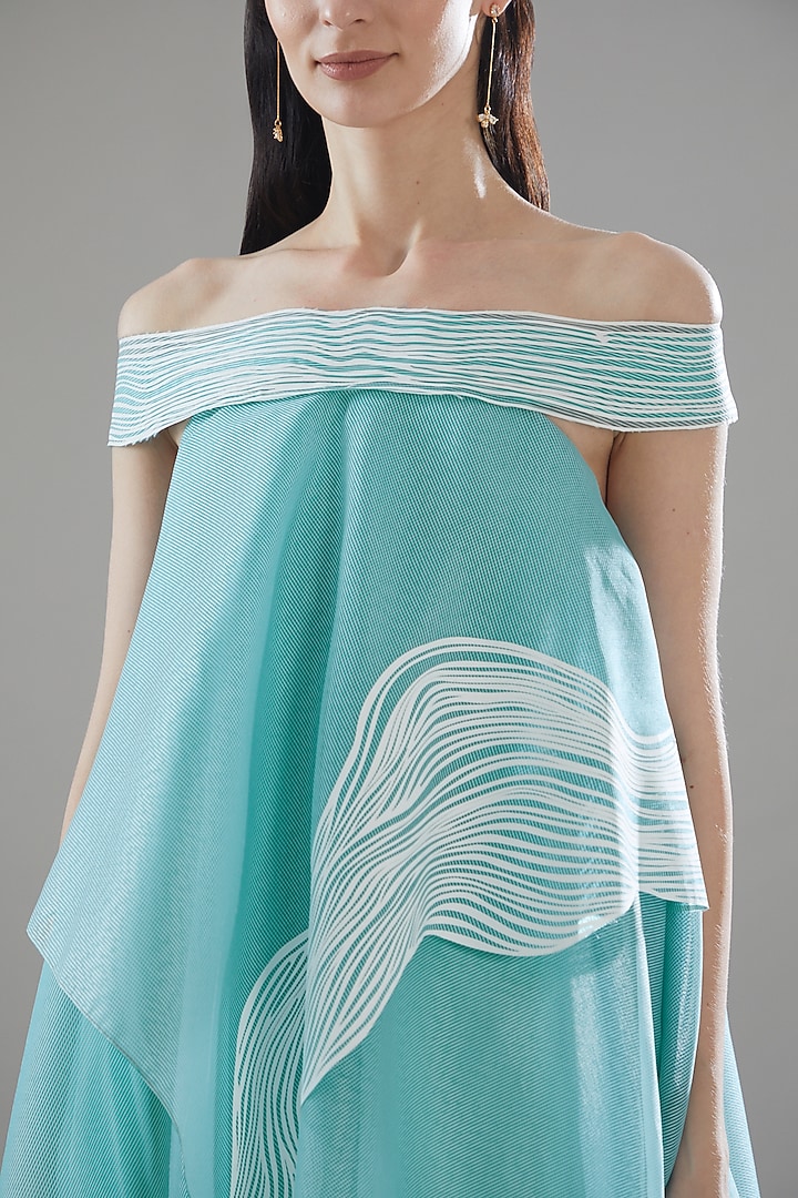 Aqua Blue Organza Off-Shoulder Tunic by Amit Aggarwal at Pernia's Pop Up Shop