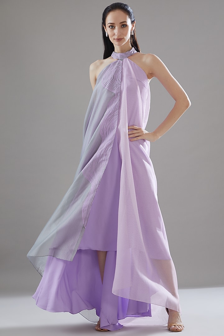 Lilac Organza Striped Halter Cocktail Dress by Amit Aggarwal at Pernia's Pop Up Shop