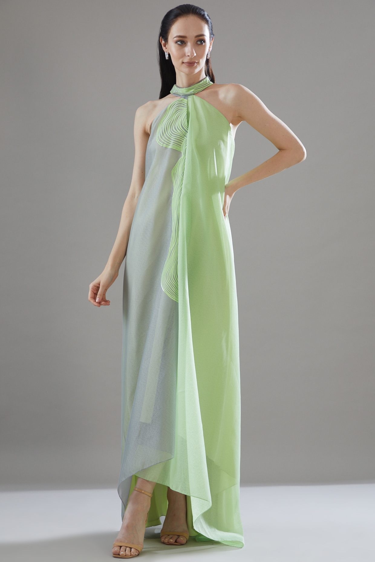 Mint Grey Striped Fabric Halter Dress by Amit Aggarwal at Pernia s Pop Up Shop 2024
