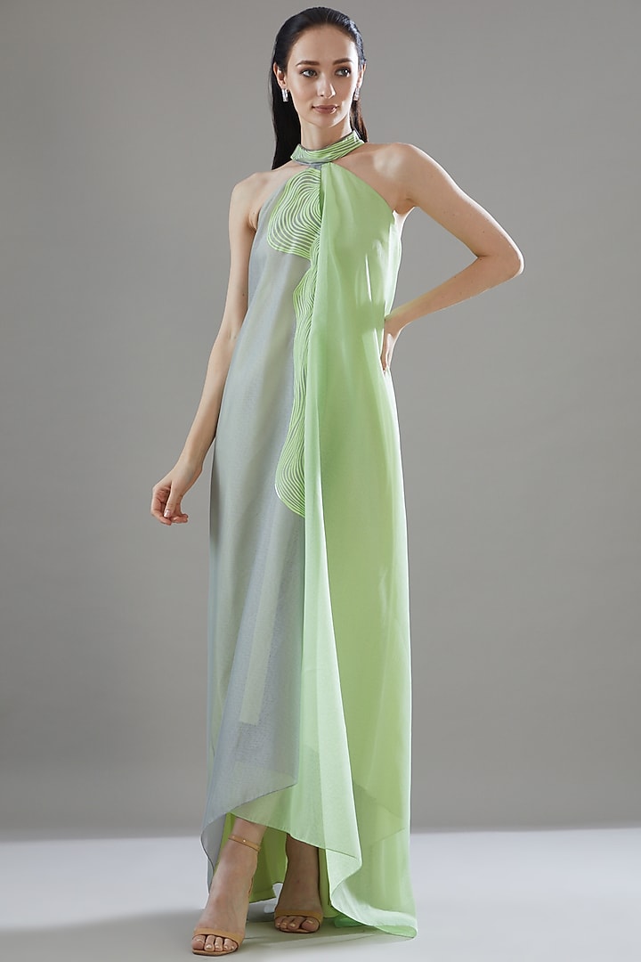 Mint & Grey Striped Fabric Halter Cocktail Dress by Amit Aggarwal at Pernia's Pop Up Shop