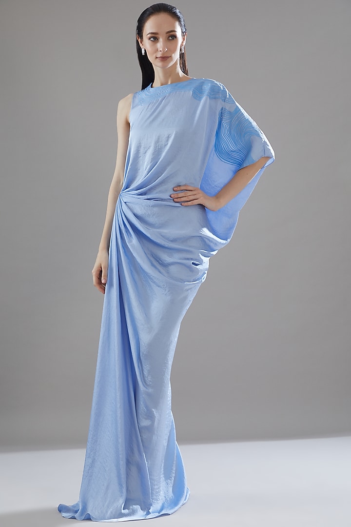 Ice Blue Hammered Satin Asymmetrical Gown by Amit Aggarwal