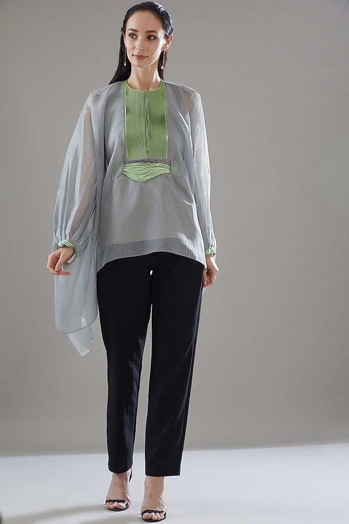 Grey Organza Metallic Draped Cape by Amit Aggarwal at Pernia's Pop Up Shop