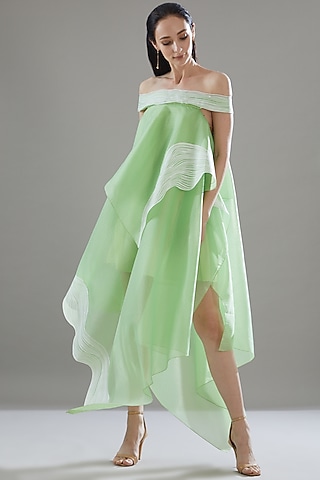 Green Organza Off-Shoulder Tunic by Amit Aggarwal
