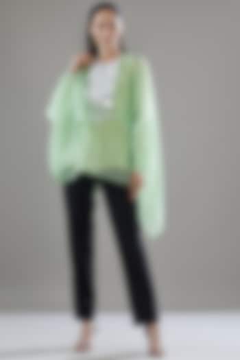 Green Organza Metallic Draped Cape by Amit Aggarwal at Pernia's Pop Up Shop