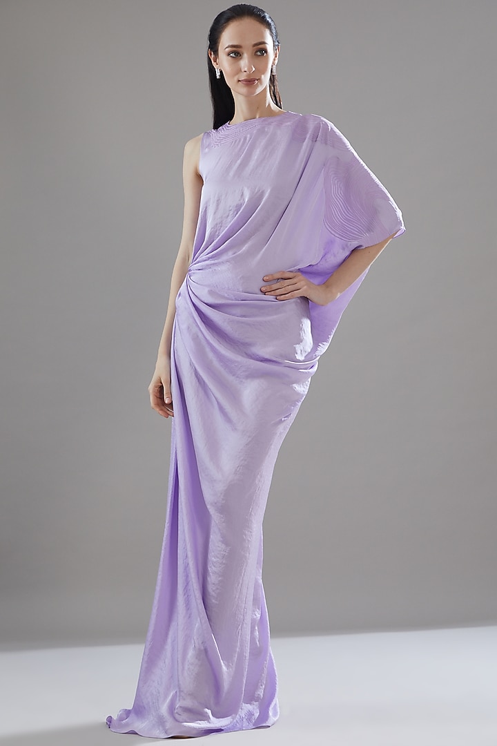 Lilac Hammered Satin Asymmetrical Draped Party Wear Gown by Amit Aggarwal at Pernia's Pop Up Shop