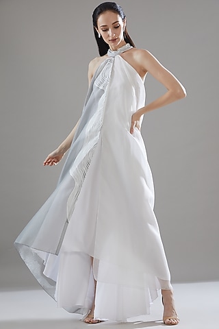 Grey & Ivory Striped Fabric Halter Dress by Amit Aggarwal