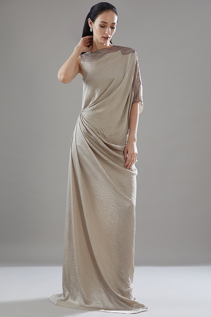 Beige Hammered Satin Asymmetrical Draped Gown by Amit Aggarwal