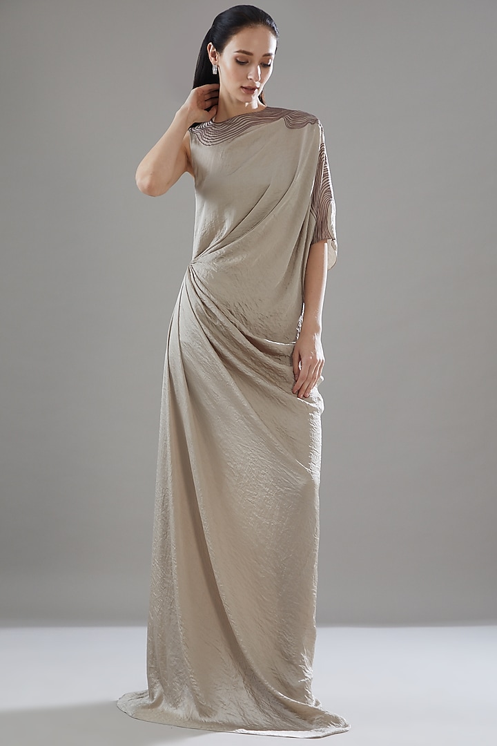 Beige Hammered Satin Asymmetrical Draped Party Wear Gown by Amit Aggarwal at Pernia's Pop Up Shop