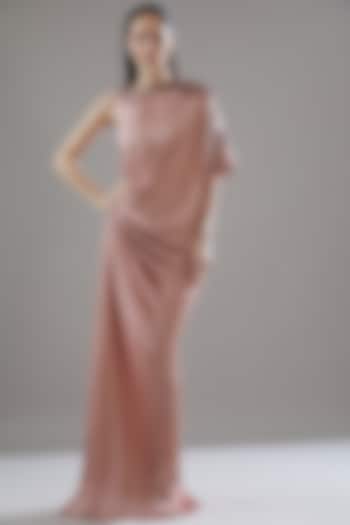 Rose Gold Hammered Satin Asymmetrical Draped Party Wear Gown by Amit Aggarwal at Pernia's Pop Up Shop