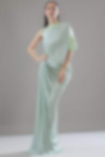 Mint Hammered Satin Asymmetrical Draped Party Wear Gown by Amit Aggarwal at Pernia's Pop Up Shop