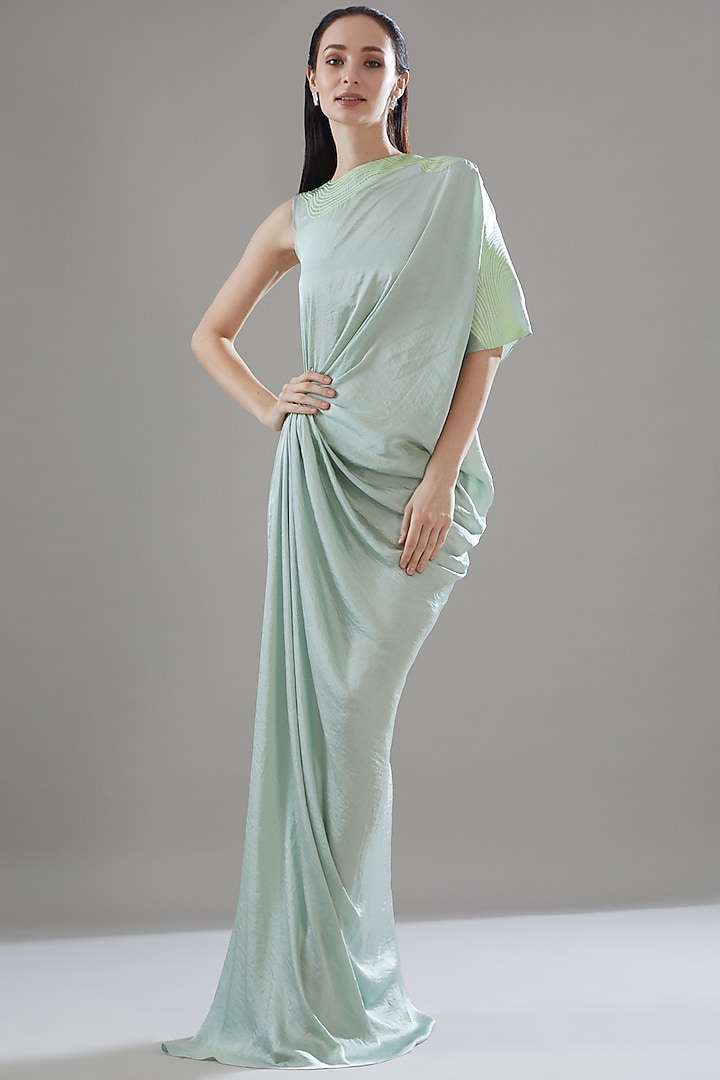 Mint Hammered Satin Asymmetrical Draped Party Wear Gown by Amit Aggarwal at Pernia's Pop Up Shop