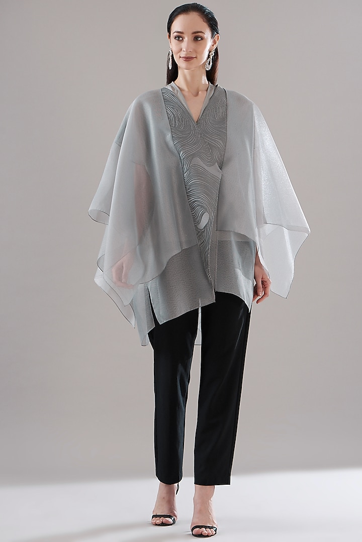 Grey Organza Overlapped Kimono Top by Amit Aggarwal at Pernia's Pop Up Shop