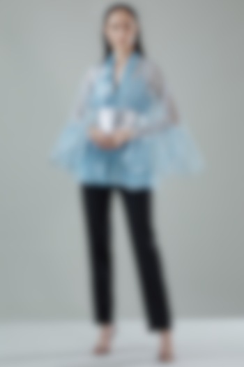 Ice Blue Tulle Cape With Belt by Amit Aggarwal at Pernia's Pop Up Shop