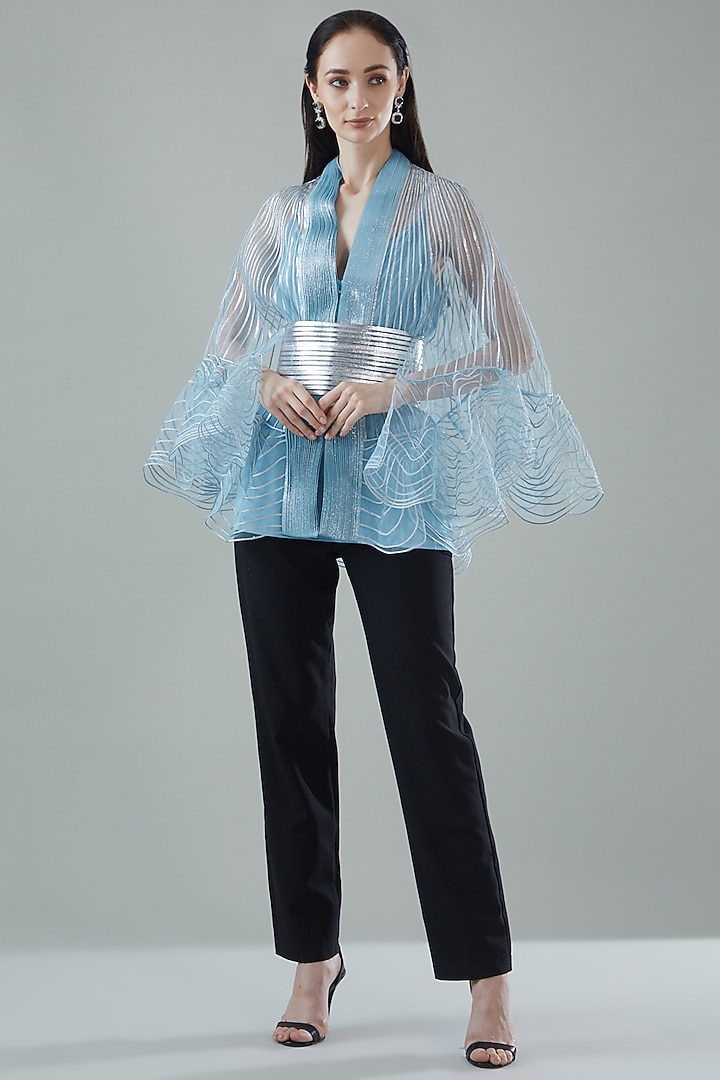 Ice Blue Tulle Cape With Belt by Amit Aggarwal at Pernia's Pop Up Shop