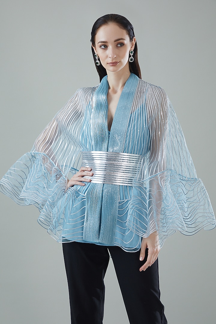 Ice Blue Tulle Cape With Belt by Amit Aggarwal at Pernia's Pop Up Shop