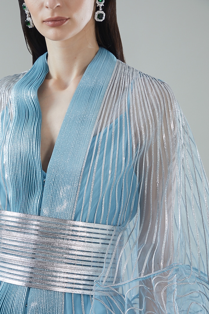 Ice Blue Tulle Cape With Belt by Amit Aggarwal at Pernia's Pop Up Shop