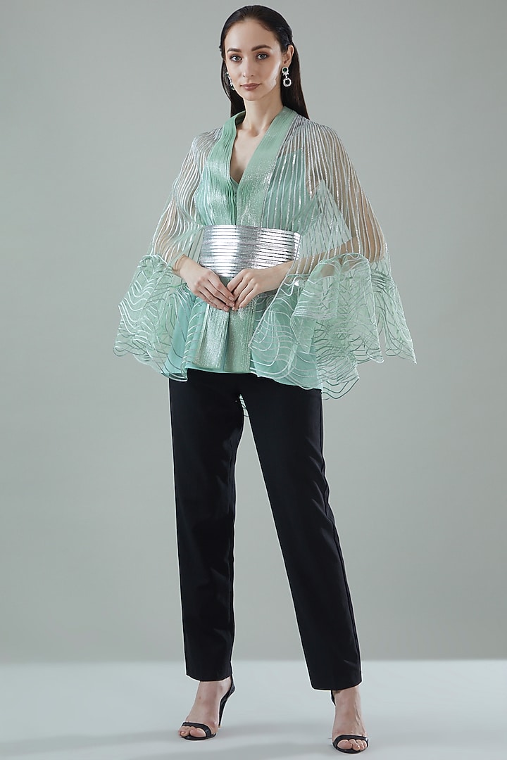 Mint Tulle Cape With Belt by Amit Aggarwal at Pernia's Pop Up Shop