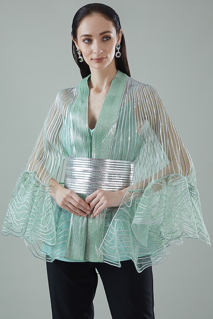 Mint Tulle Cape With Belt by Amit Aggarwal at Pernia's Pop Up Shop