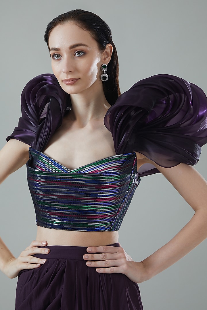 Black Handwoven Mesh Drapes Skirt Set by Amit Aggarwal at Pernia's Pop Up Shop