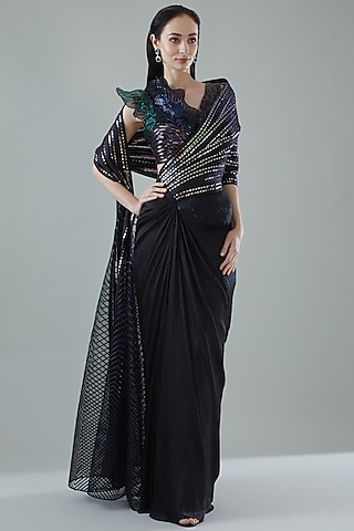 Black Tulle & Organza Pre-Stitched Saree Set by Amit Aggarwal