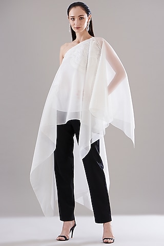 White Organza Asymmetrical Kaftan Top by Amit Aggarwal