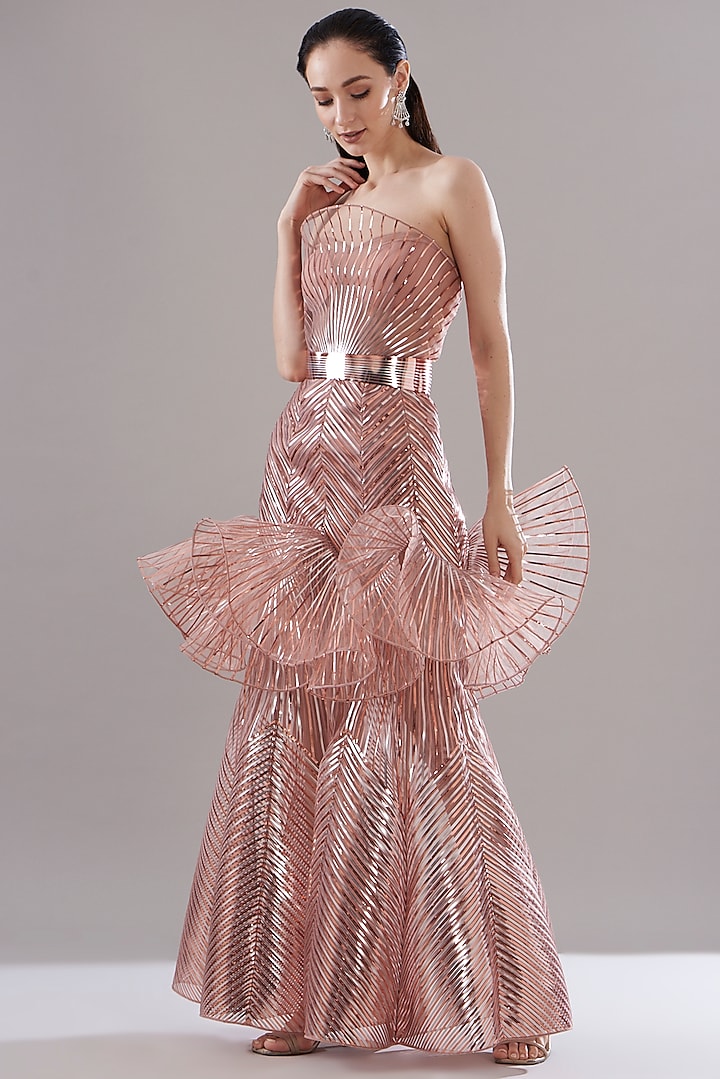 Blush Pink Tulle Structured Gown by Amit Aggarwal