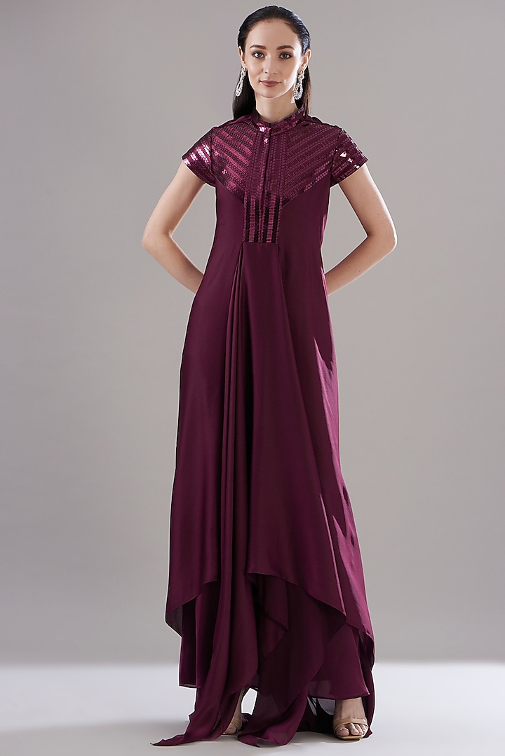 Wine Crinkled Chiffon Metallic Draped Dress by Amit Aggarwal