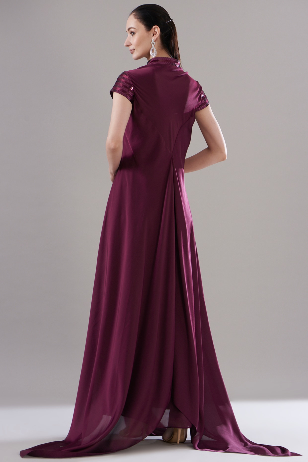 Wine Crinkled Chiffon Metallic Draped Dress by Amit Aggarwal at Pernia s Pop Up Shop 2024