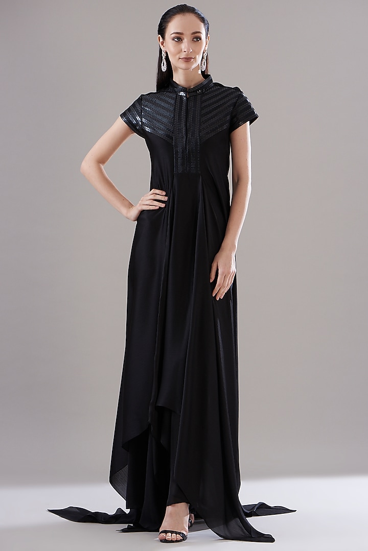 Black Crinkled Chiffon Metallic Draped Dress by Amit Aggarwal