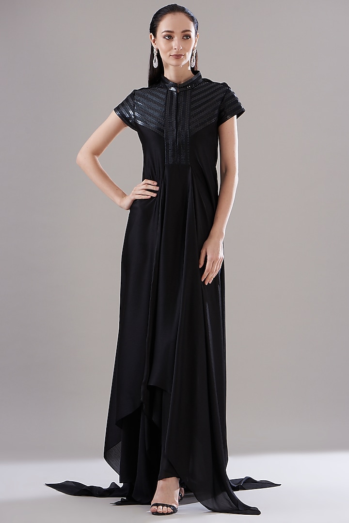 Black Crinkled Chiffon Metallic Draped Cocktail Dress by Amit Aggarwal at Pernia's Pop Up Shop