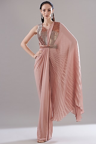 Pink Jersey Pre-Stitched Embroidered Saree by Amit Aggarwal