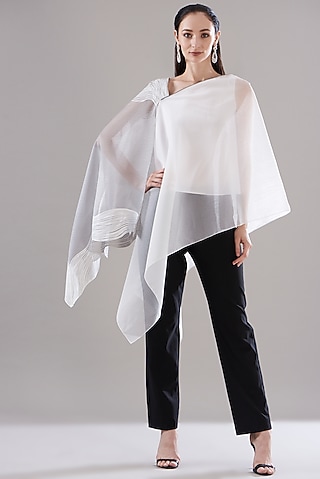 White Organza Asymmetrical Kaftan Top by Amit Aggarwal