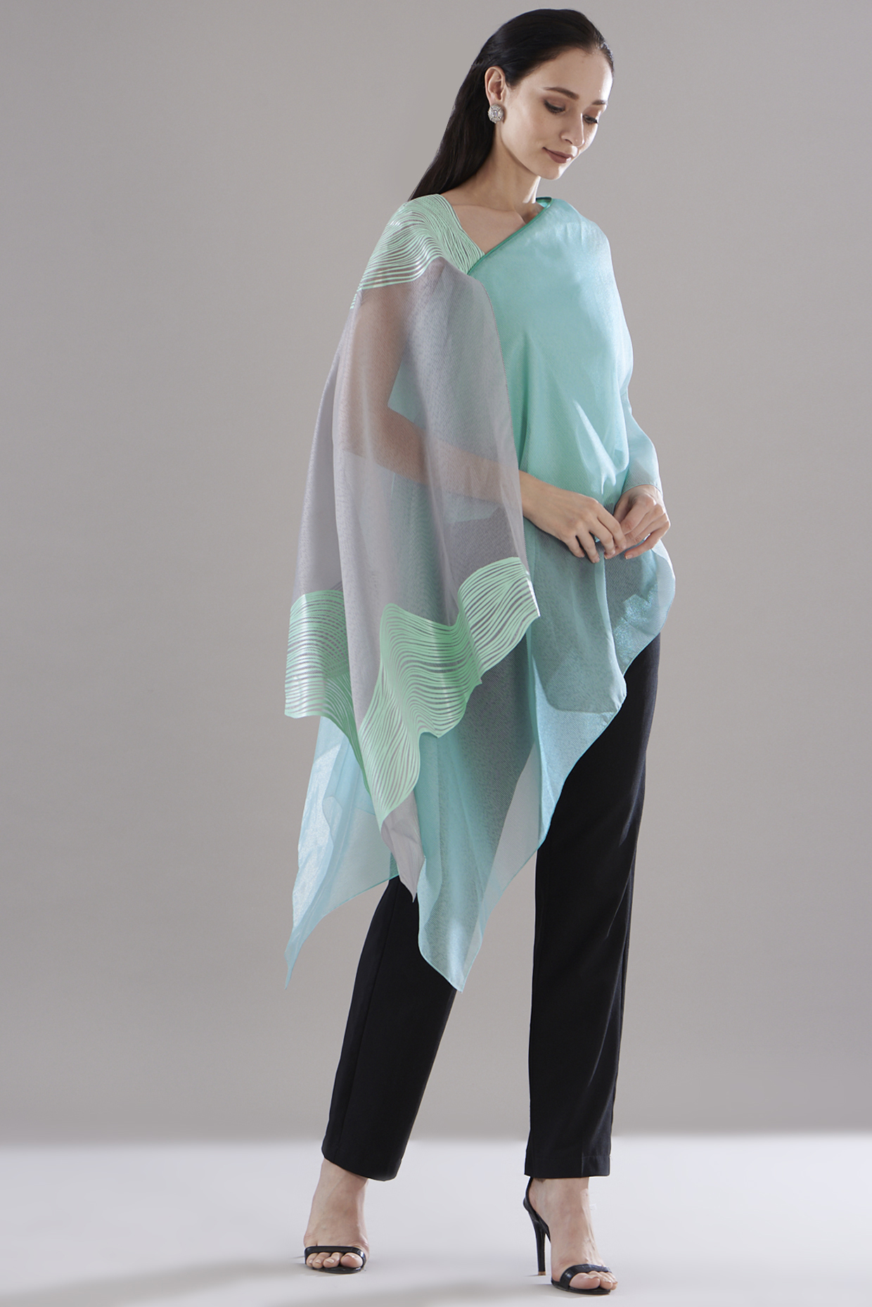 Blue Organza Asymmetrical Kaftan Top by Amit Aggarwal at Pernia's Pop Up Shop