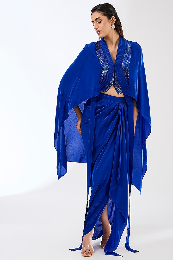 Royal Blue Sheesha Crepe Dhoti Skirt Set by Amit Aggarwal at Pernia's Pop Up Shop